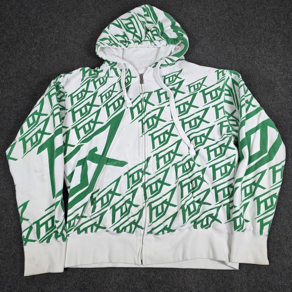 Fox Reversible Racing Hoodie Mens Large White Green Zip Up Thermal 45729 Moto